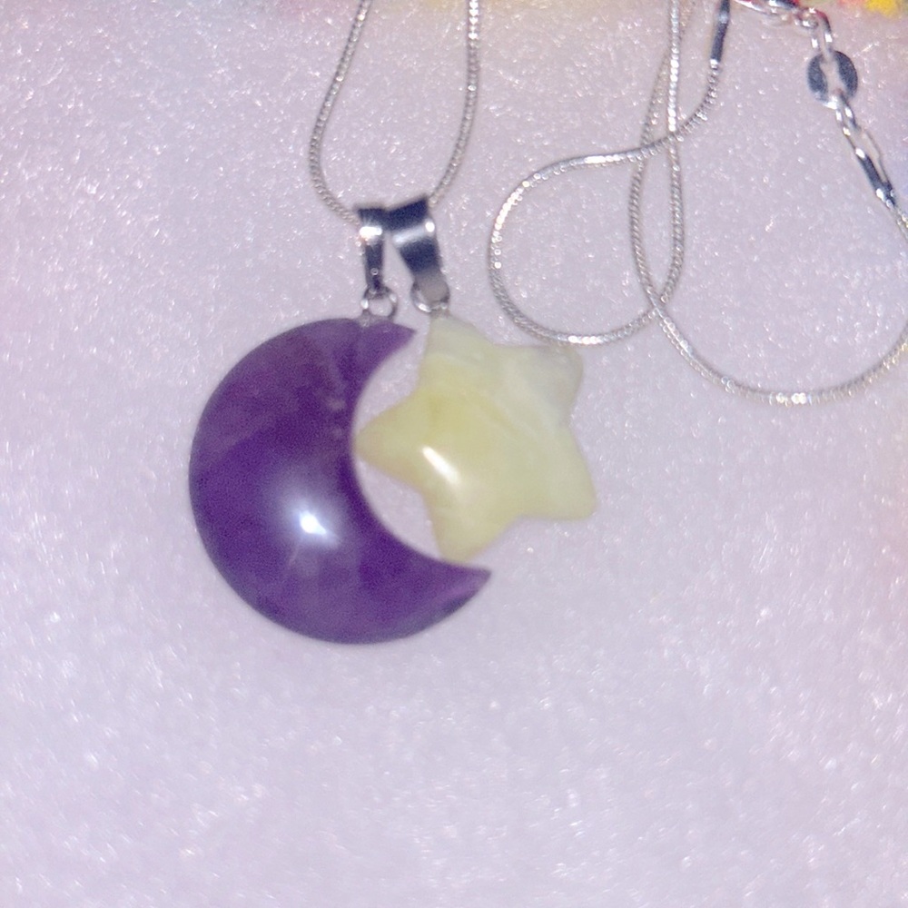 Boho hippie Amethyst Moon and Serpentine Crystal heart Sterling Silv…